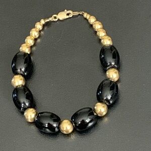 VINTAGE BLACK ONYX" 14K GOLD FILLED BALL BEADED BRACELET sz 7. 3/4”